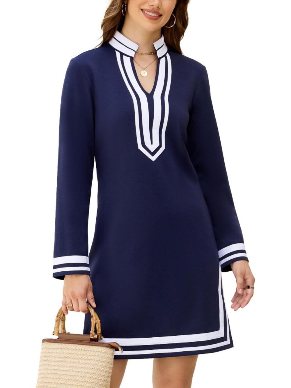 Color Block Long Sleeve Mini Dress | Casual V Neck Tunic for Women